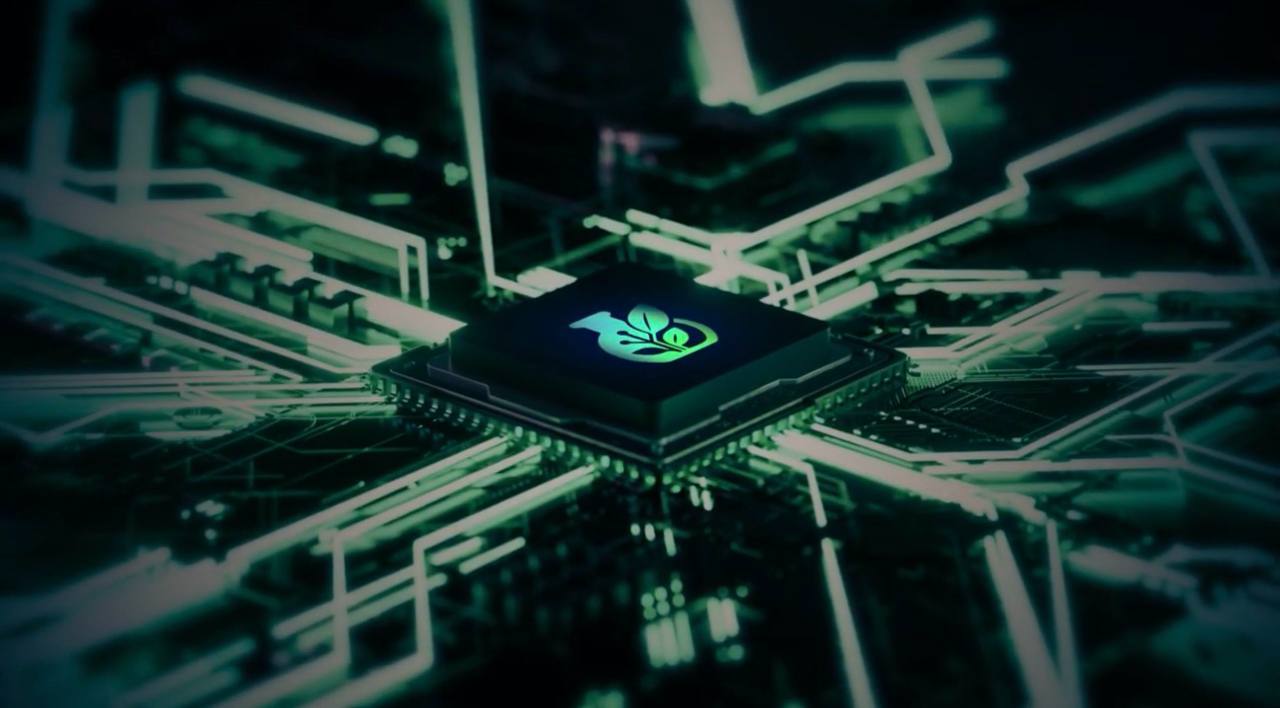 Central computer processor with a green leaf logo